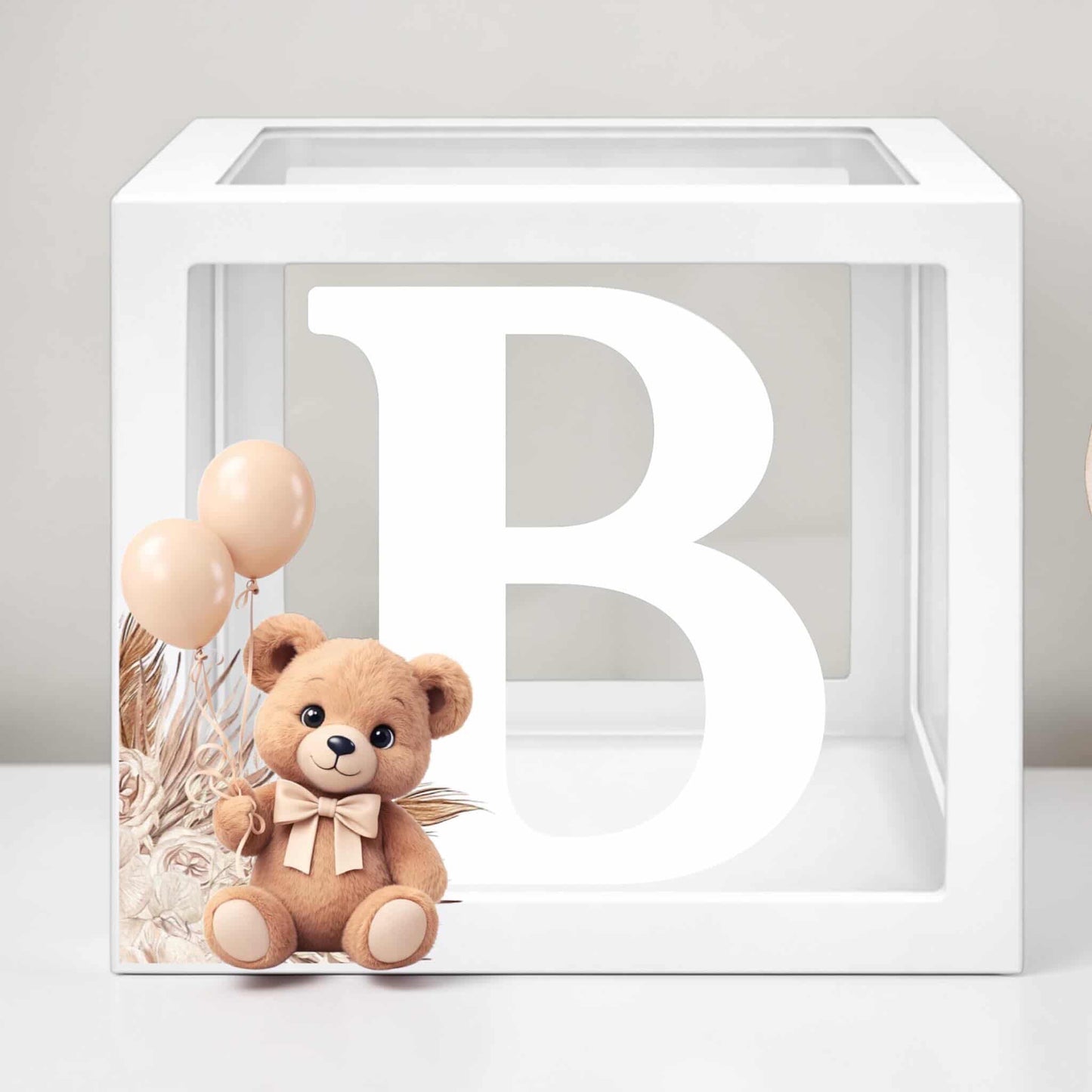 Personalized BABY Balloon Boxes with Teddy Bear Theme | Custom Baby Shower Balloon Box Decor | Neutral Beige Balloon Boxes | Baby Event Decoration