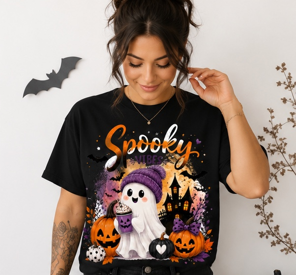 Cute Spooky Vibes Ghost Halloween Shirt | Cute Ghost Pumpkin Graphic Tee | Fall Halloween T-Shirt for Women | Cozy Autumn Graphic Tee | Halloween Gift