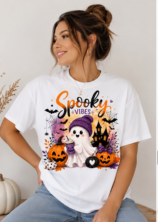 Cute Spooky Vibes Ghost Halloween Shirt | Cute Ghost Pumpkin Graphic Tee | Fall Halloween T-Shirt for Women | Cozy Autumn Graphic Tee | Halloween Gift