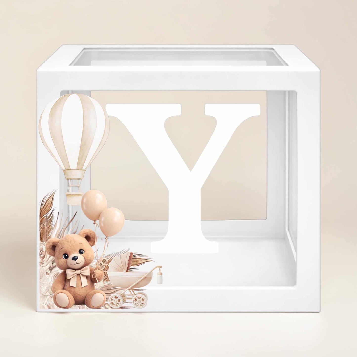 Personalized BABY Balloon Boxes with Teddy Bear Theme | Custom Baby Shower Balloon Box Decor | Neutral Beige Balloon Boxes | Baby Event Decoration