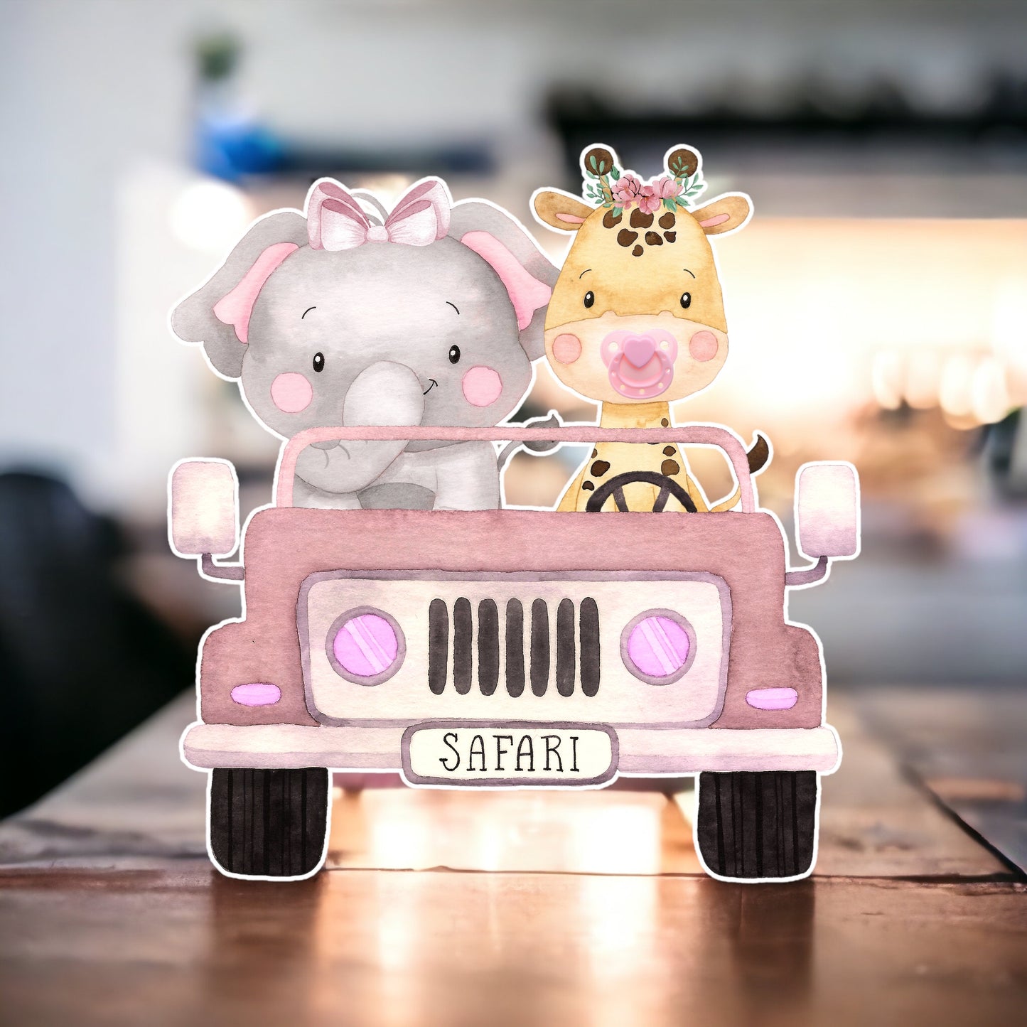 Safari truck baby elephant and baby giraffe party prop sign cutout centerpieces backdrop and party decorations.