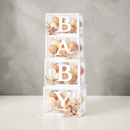 Personalized BABY Balloon Boxes with Teddy Bear Theme | Custom Baby Shower Balloon Box Decor | Neutral Beige Balloon Boxes | Baby Event Decoration