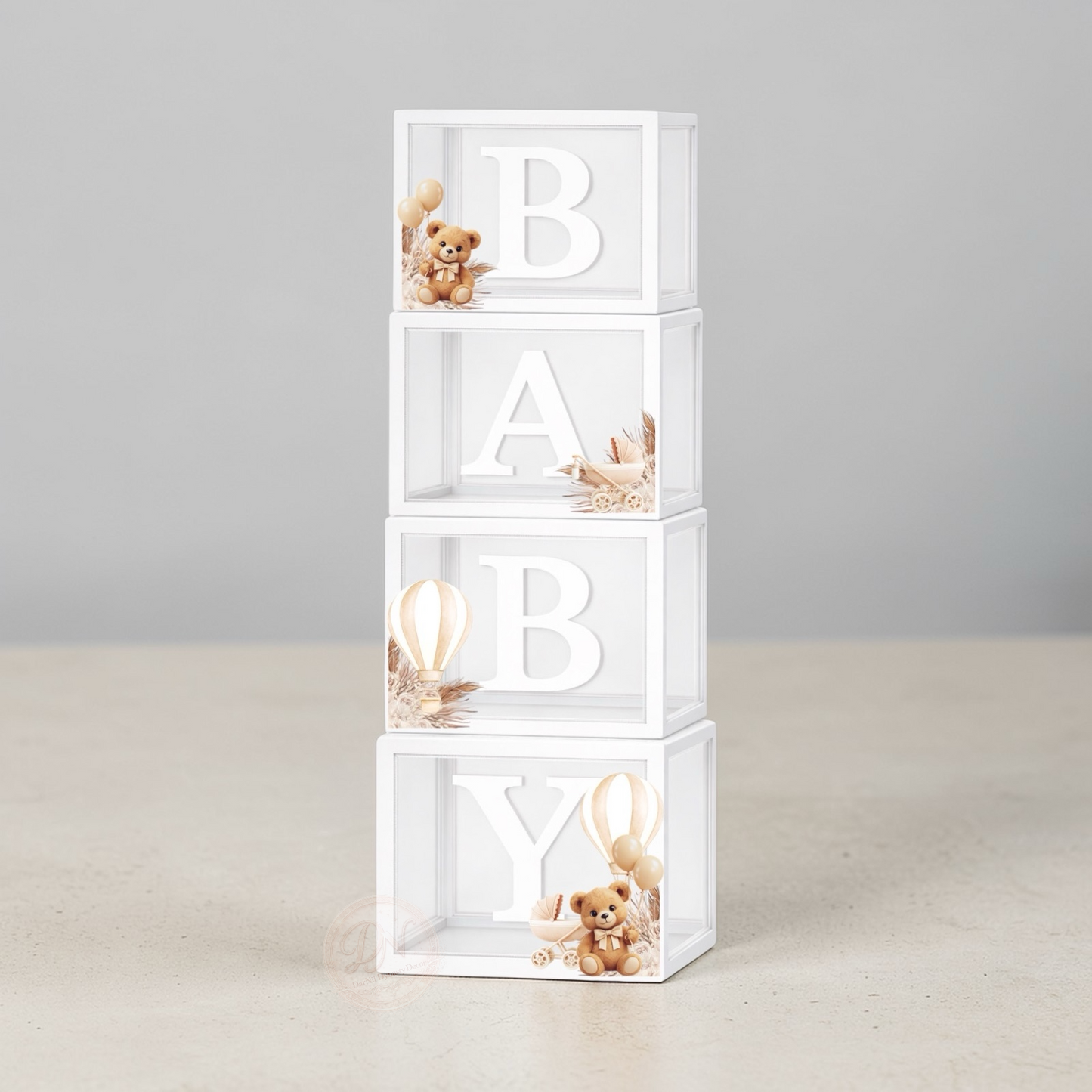 Personalized BABY Balloon Boxes with Teddy Bear Theme | Custom Baby Shower Balloon Box Decor | Neutral Beige Balloon Boxes | Baby Event Decoration