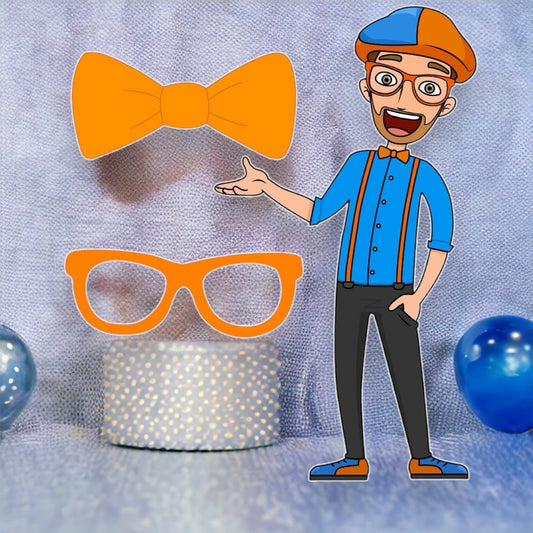 Blippi Set of 3 party prop sign backdrop centerpieces cake topper cutout and party decorations.