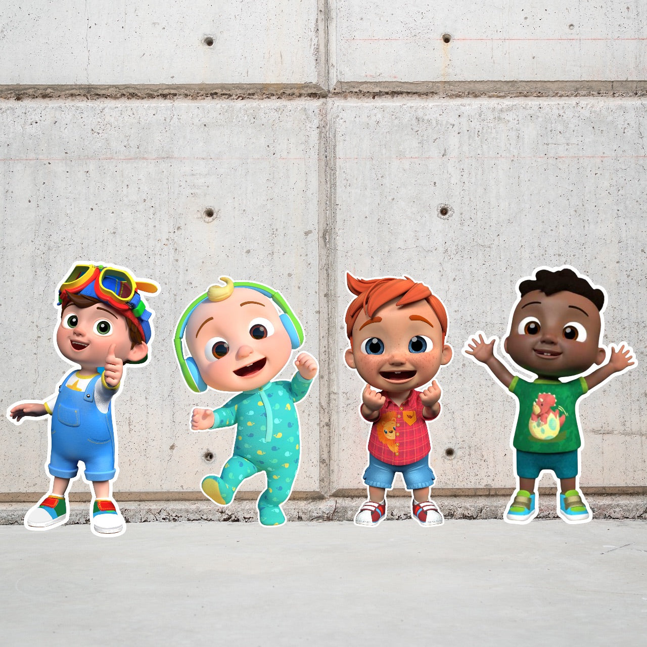 Set of 4 Cocomelon Birthday Character Prop Cutouts.