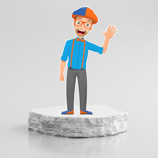 Blippi party prop centerpieces backdrop sign cutouts and party decorations.