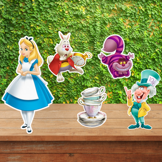 Alice in wonderland Set of of 5  party prop character cutouts sign centerpieces backdrops and party decorations.